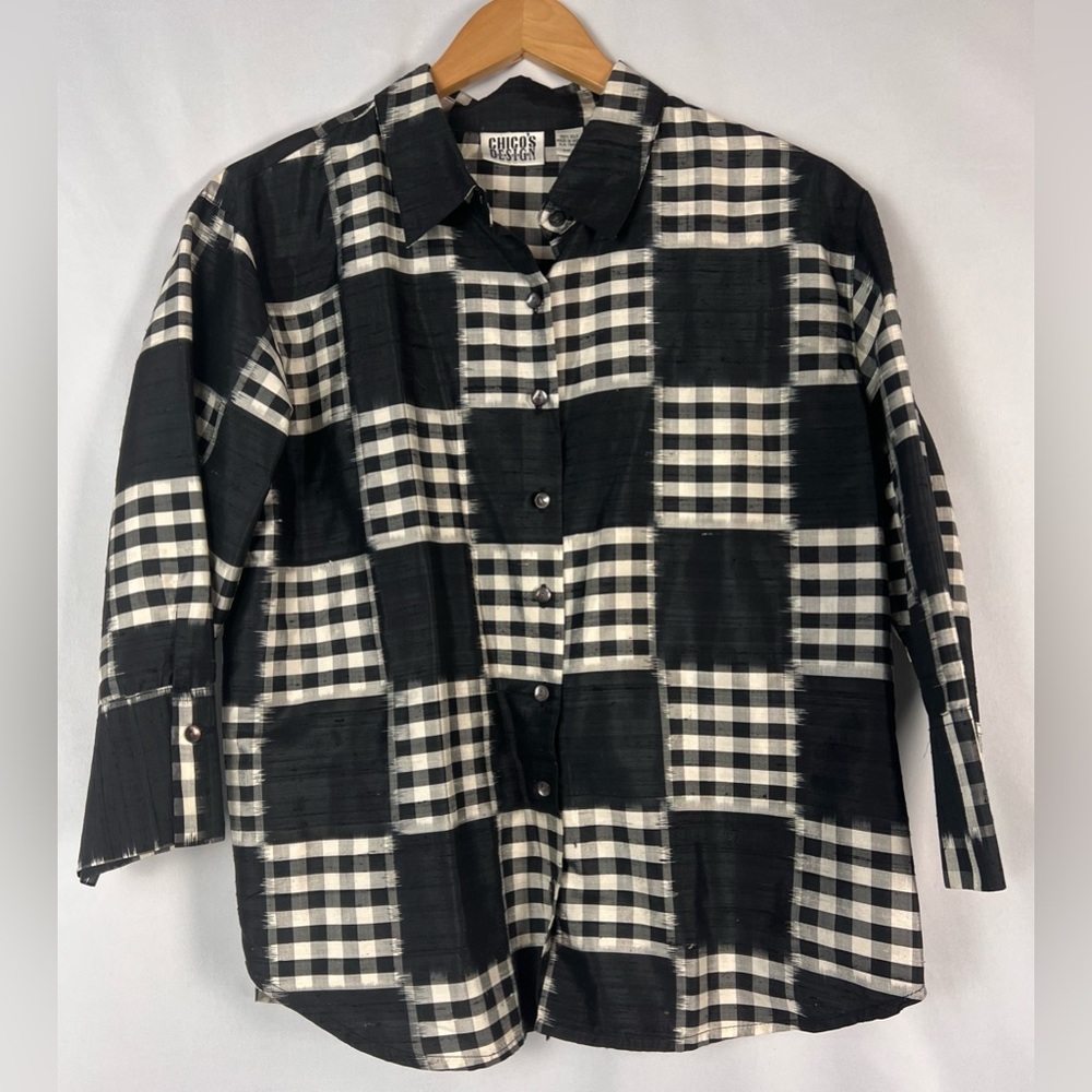 Chico's Black and White Checkered Button Down Shirt